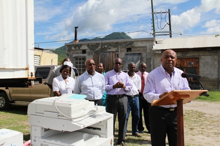 Advisor to the Ministry of Health in the Nevis Island Administration Mr. Hensley Daniel speaking at the handing over ceremony at the Alexandra Hospital. Other members of the Ministry of Health and Rotary Club of St. Kitts Officials look on